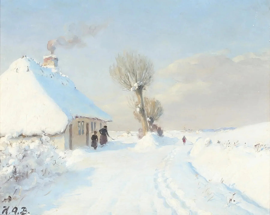 Solrig vinterdag med mor og barn foran en hytte. - H. A. Brendekilde