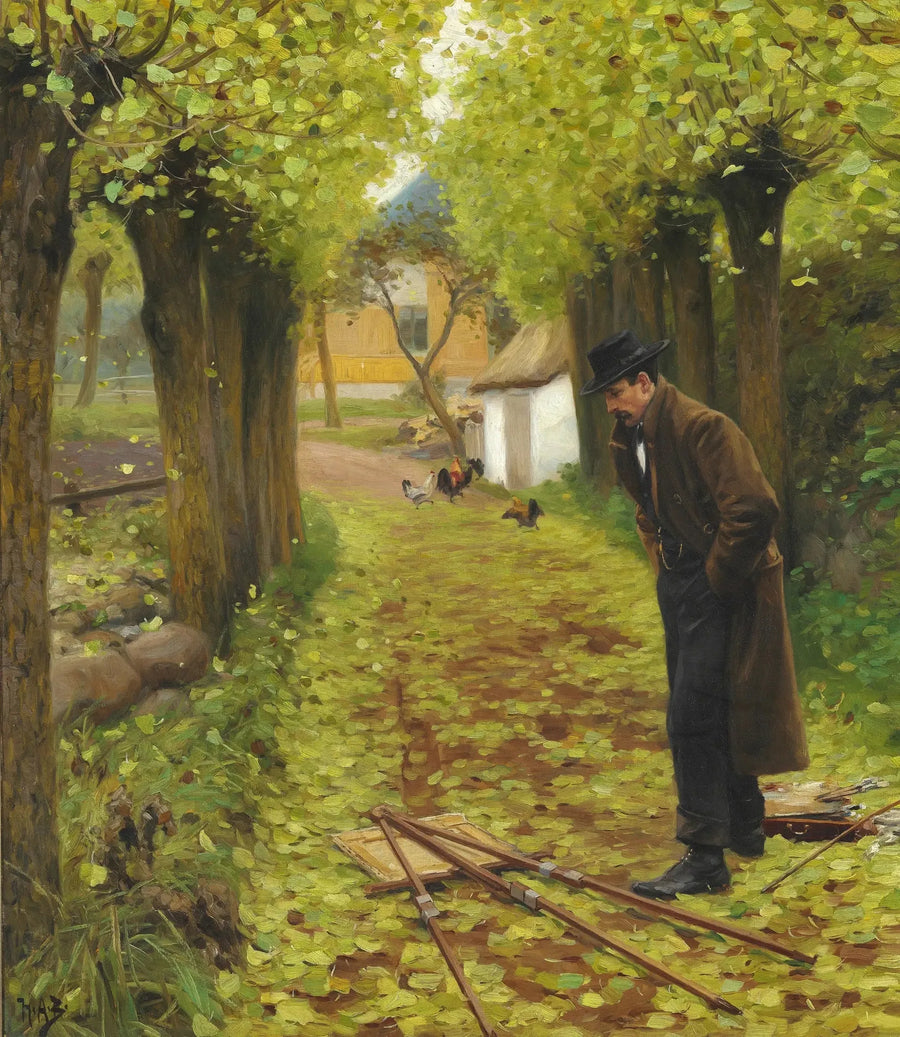 L. A. Ring nær hans lærred, der er faldet - H. A. Brendekilde