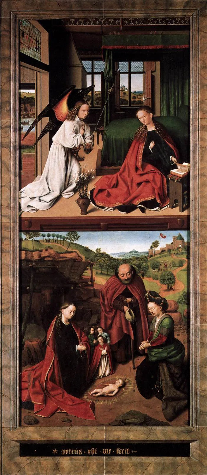 Barnets Jesus' tilbedelse; i baggrunden, Herrens budskab til hyrderne. - Petrus Christus