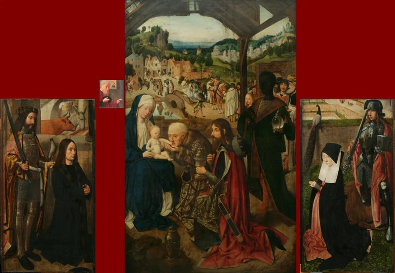 De vise kongers tilbedelse, alter med fold; venstre panel: donoren med Saint Bavon; højre panel: donoren's hustru med Saint Adrien - Geertgen tot Sint Jans