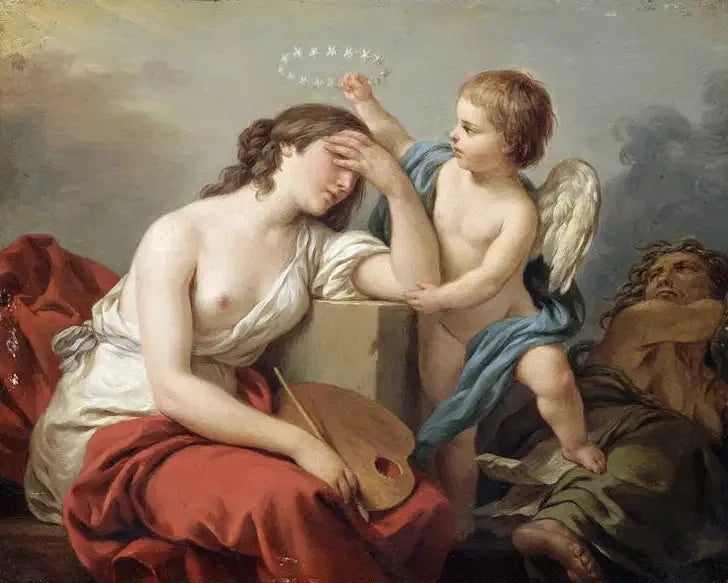Kunstens kærlighed trøster maleriet af latterlige og giftige skrifter fra dets fjender - Louis Jean François Lagrenée