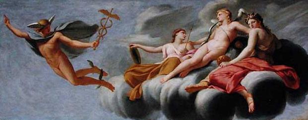 Kærligheden, omgivet af Ungdom og Skønhed, befaler Merkur at annoncere sin magt for universet - Eustache Le Sueur