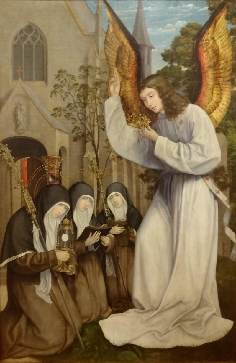 Apparitionen af Englen ved Sainte Claire, Sainte Agnès d'Assise og Sainte Colette de Corbie - Quentin Metsys