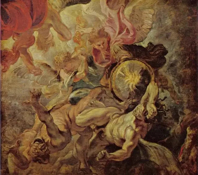 Erkeenglen Michael besejrer Satan og de oprørske engle (Åbenbaringen 12:7-9), 1620 - Peter Paul Rubens