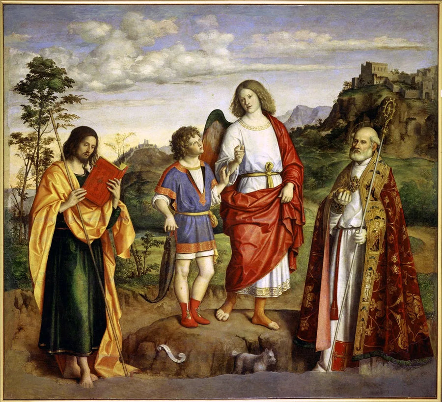 Arkangelen Raphael med Tobias og to helgener. - Cima da Conegliano