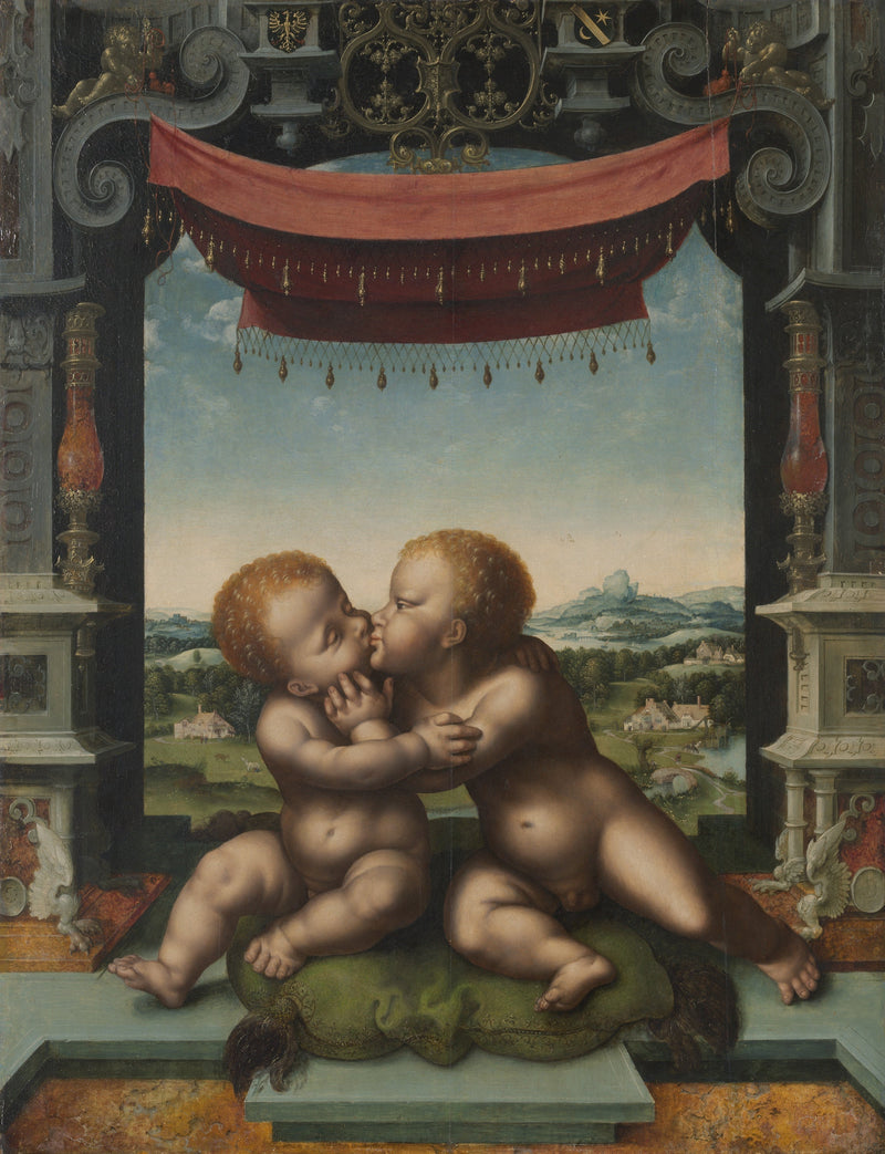 Jesusbarnet og Johannes Døberen, der omfavner hinanden - Joos van Cleve
