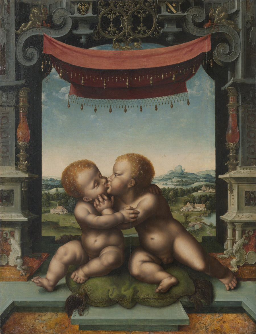 Jesusbarnet og Johannes Døberen, der omfavner hinanden - Joos van Cleve
