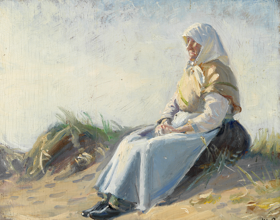 Ankers kone Nelle sidder i klitterne i Skagen. -Michael Peter Ancher