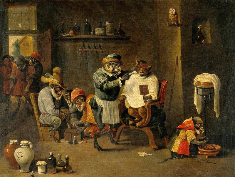 Etablissement af en abe-barber-chirurg - David Teniers den Yngre
