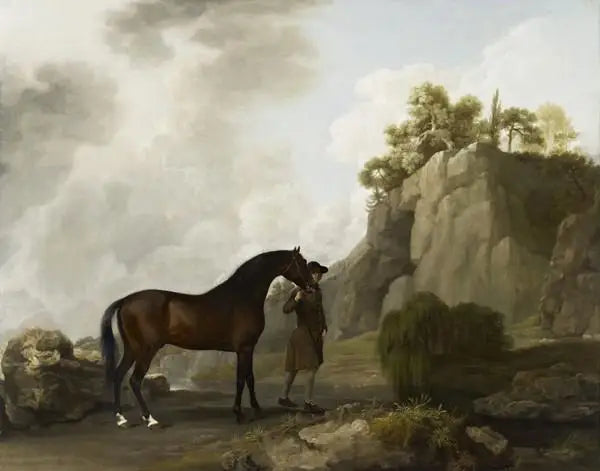 Den arabiske hingst af marquis de Rockingham ledet af en hestepasser ved Creswell Crags - George Stubbs