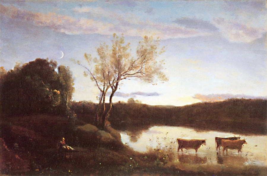 Dam med de tre køer og månekransen - Jean-Baptiste Camille Corot