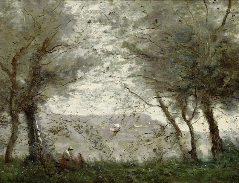 Ville-d'Avray Dam set gennem bladene - Jean-Baptiste Camille Corot