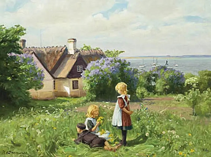 Sommer ved Roskilde-fjorden, børnene laver blomsterkranse. - H. A. Brendekilde