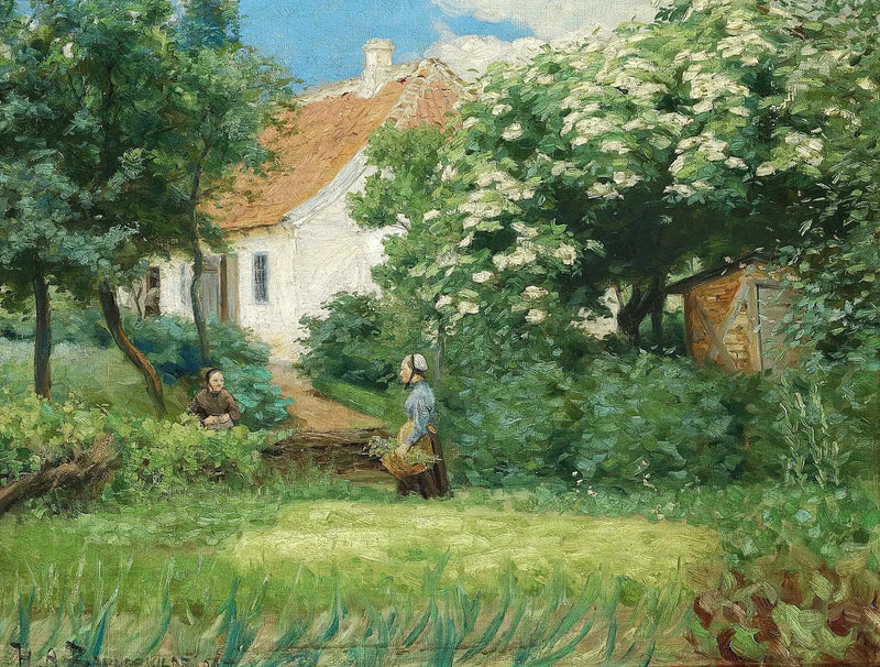 Sommer i haven. To kvinder taler ved et blomstrende kastanjetræ. - H. A. Brendekilde
