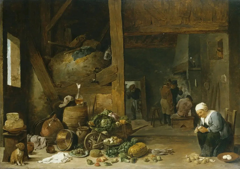 Indretningen af et køkken med en gammel kvinde, der skræller roer - David Teniers den Yngre