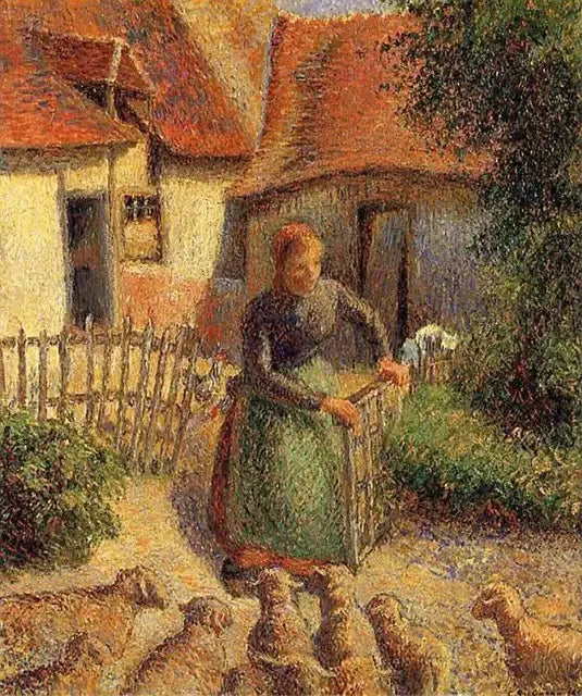 Den hyrdinde, der lejer fårene - Camille Pissarro