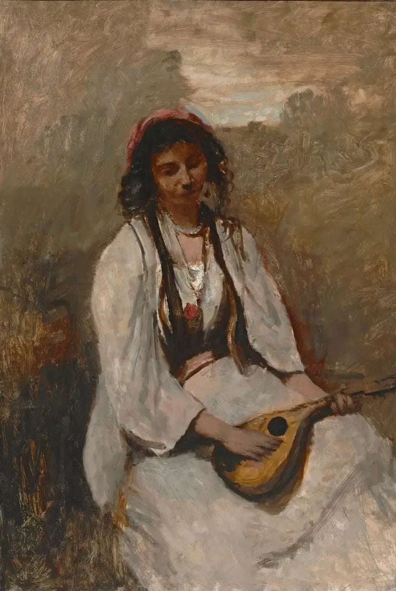 Den boheme med mandolin siddende - Jean-Baptiste Camille Corot