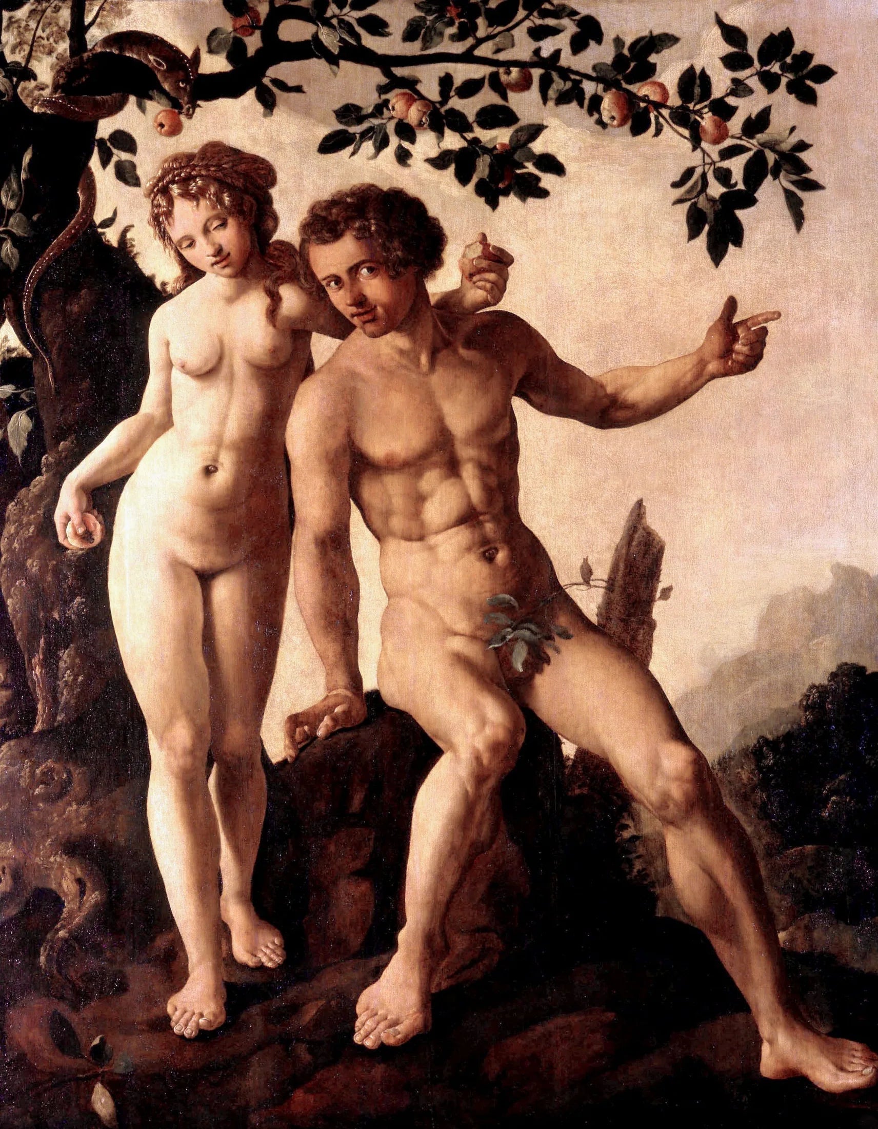 La chute de l'homme : le serpent offre la pomme à Ève, Ève offre le fruit à Adam (Genèse 3:6) - Maarten van Heemskerck image 1 tableau peint à l’huile sur toile