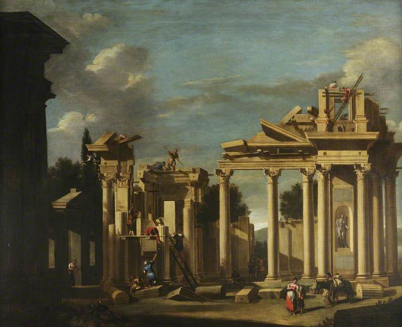Konstruktion af et klassisk tempel i et landskab - Sebastiano Ricci