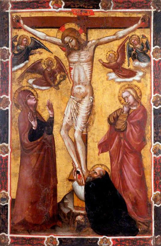 Korsfæstelsen med Jomfruen og Sankt Johannes; Sankt Antonius Abbed ved foden af korset (en side af en processionstogbanner) (tidligere tilskrevet Barnaba da Modena) - Spinello Aretino