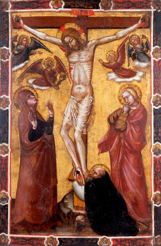 Korsfæstelsen med Jomfruen og Sankt Johannes; Sankt Antonius Abbed ved foden af korset (en side af en processionstogbanner) (tidligere tilskrevet Barnaba da Modena) - Spinello Aretino