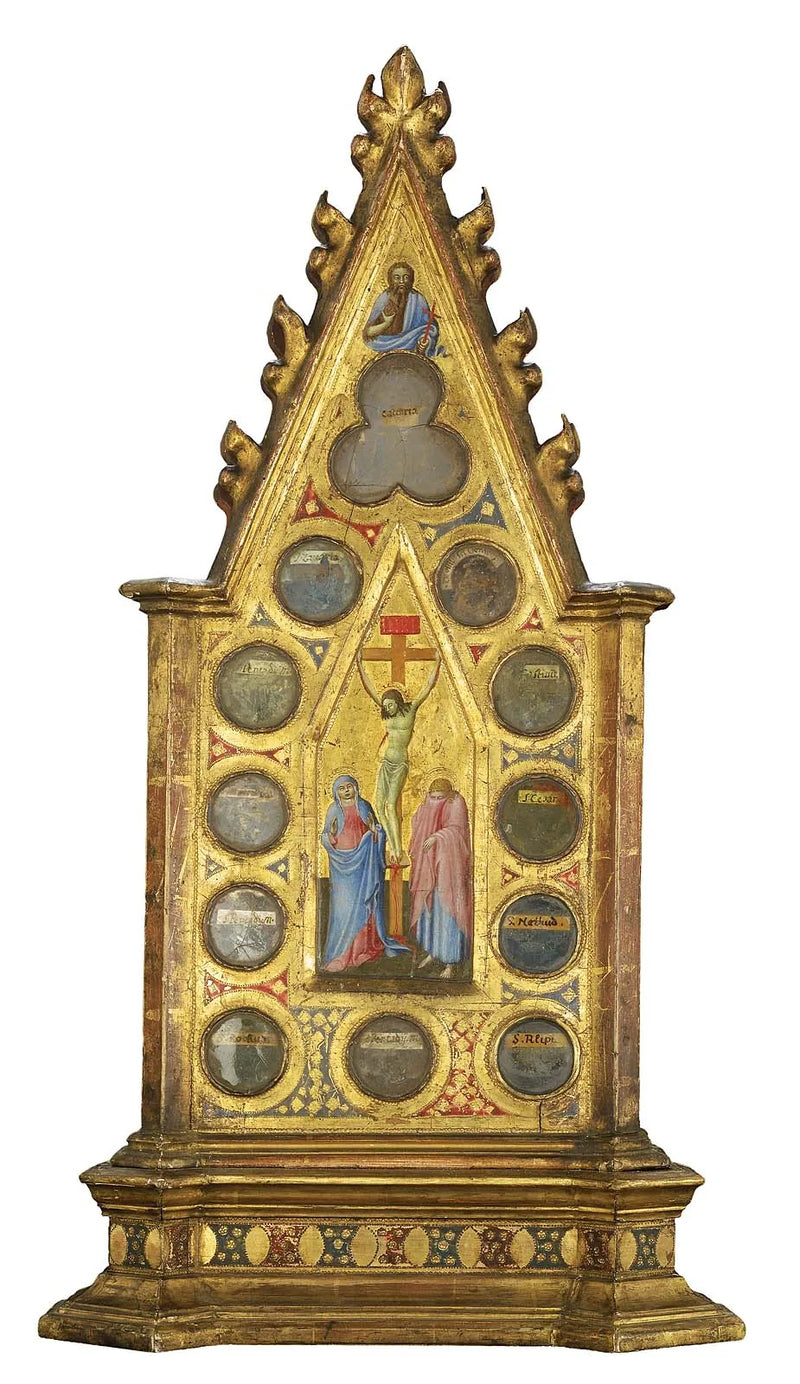 Korsfæstelsen med Jomfruen og Johannes, med Johannes Døberen (ovenfor); en franciskansk helgen i bøn foran en vision af Kristus og helgenerne, med en helgen (ovenfor) (forside og bagside) - Master of the Osservanza