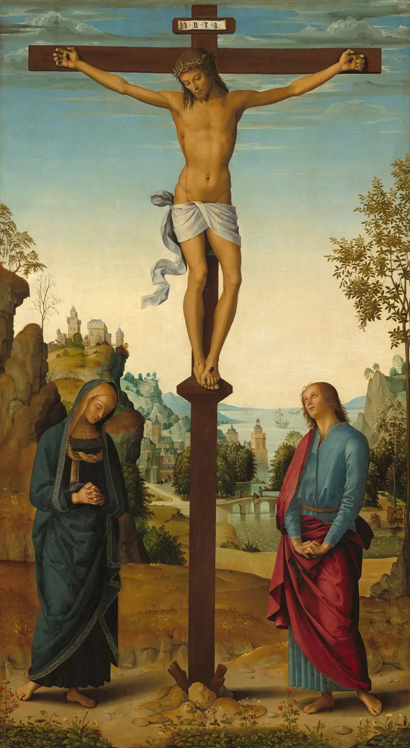 Korsfæstelsen med Jomfruen, Sankt Johannes, Sankt Jérôme og Sankt Maria Magdalena [midterpanel] - Pietro Perugino
