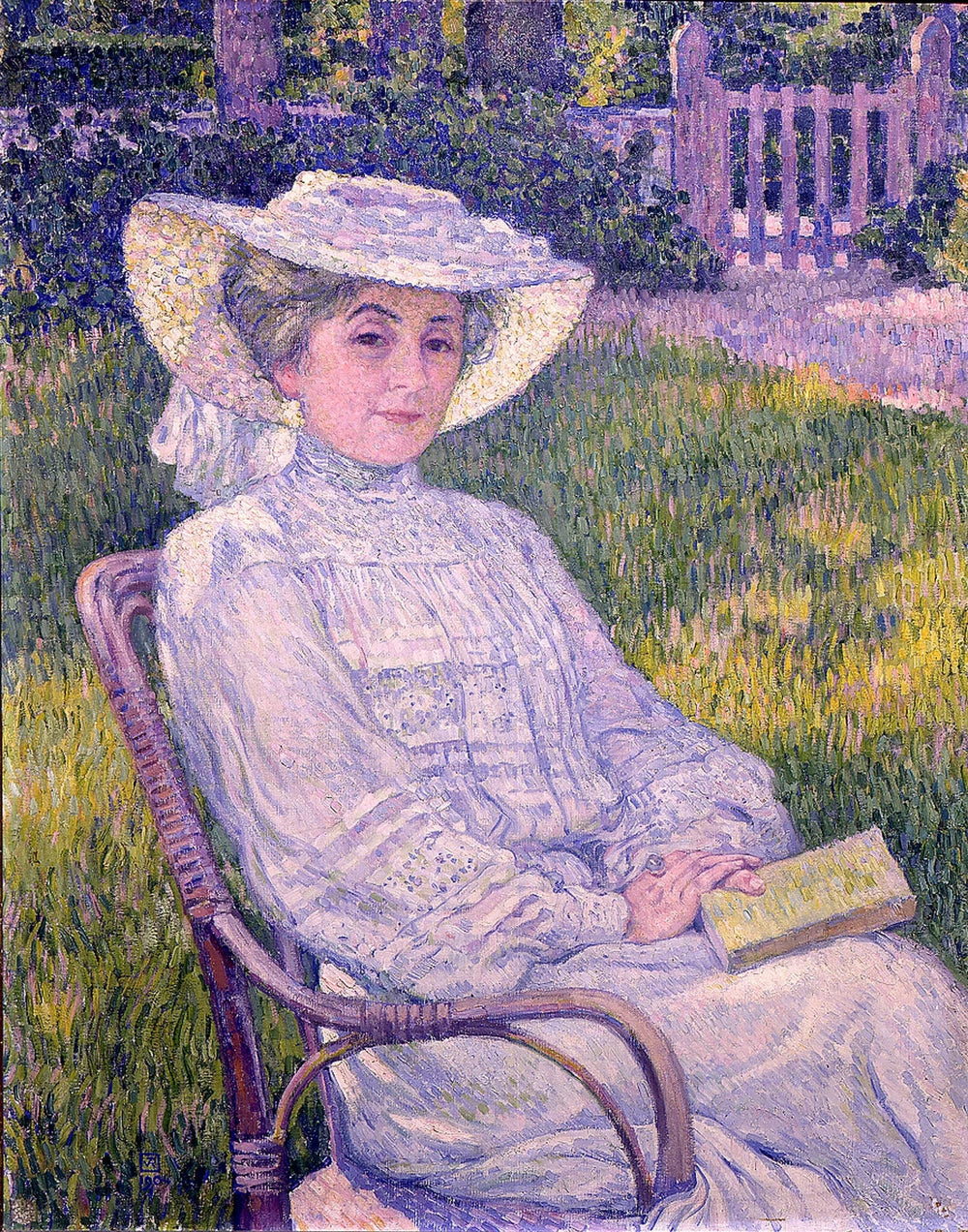 La dame en blanc lisant au jardin, à Mortgat - Théo van Rysselberghe image 1 copie de tableau peinte à la main