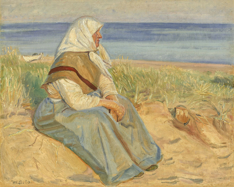 En fiskerkone sidder i Skagens klitter. - Michael Peter Ancher