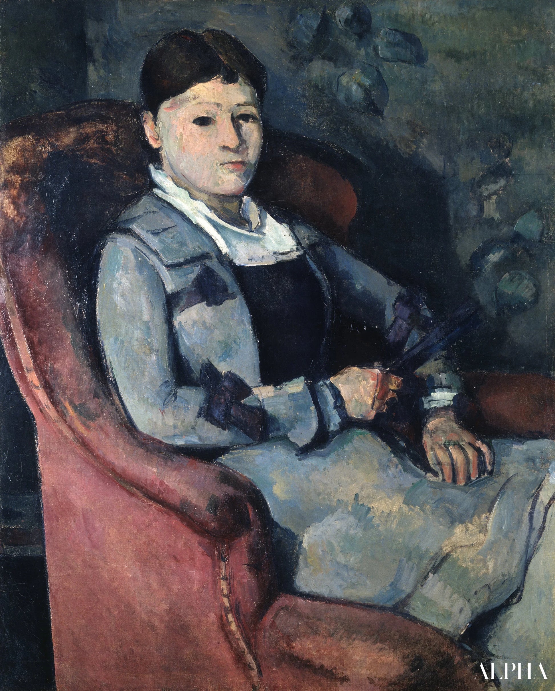 Kunstnerens kone i stolen - Paul Cézanne - Reproduktioner af malerier og højkvalitets malerier