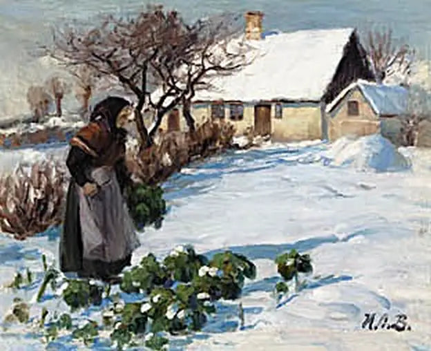 La femme d’un fermier récoltant du chou dans le jardin en hiver. - H. A. Brendekilde - Alpha Reproduction