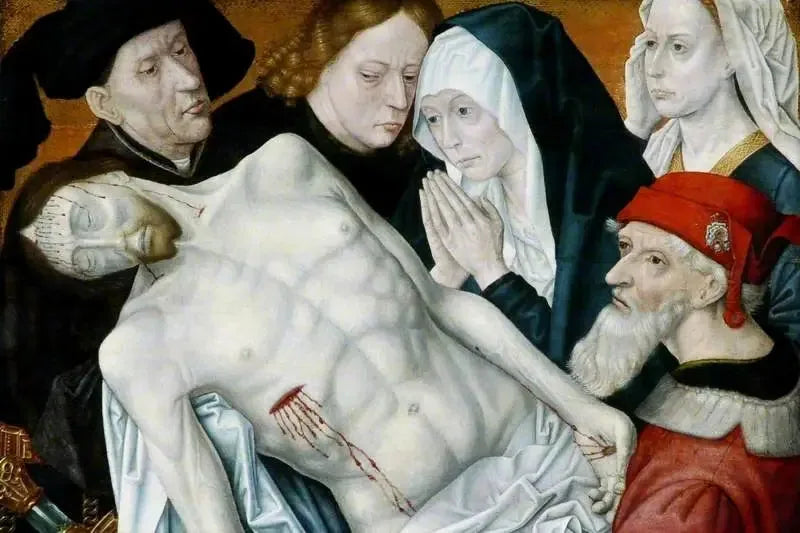 La Lamentation, den døde Kristus støttet af Johannes Døberen, Josef af Arimatæa og Nikodemus med Jomfru Maria og Maria Magdalene - Hugo van der Goes