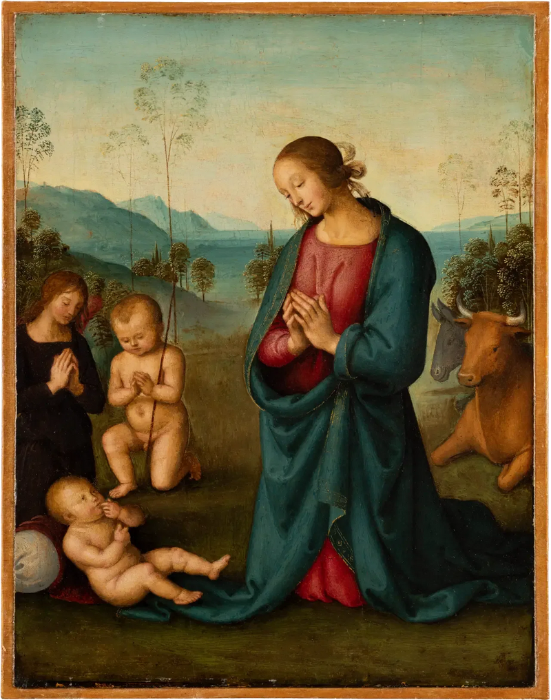 Madonnaen, den lille Jesus og en engel, der tilbeder den lille Jesus - Pietro Perugino
