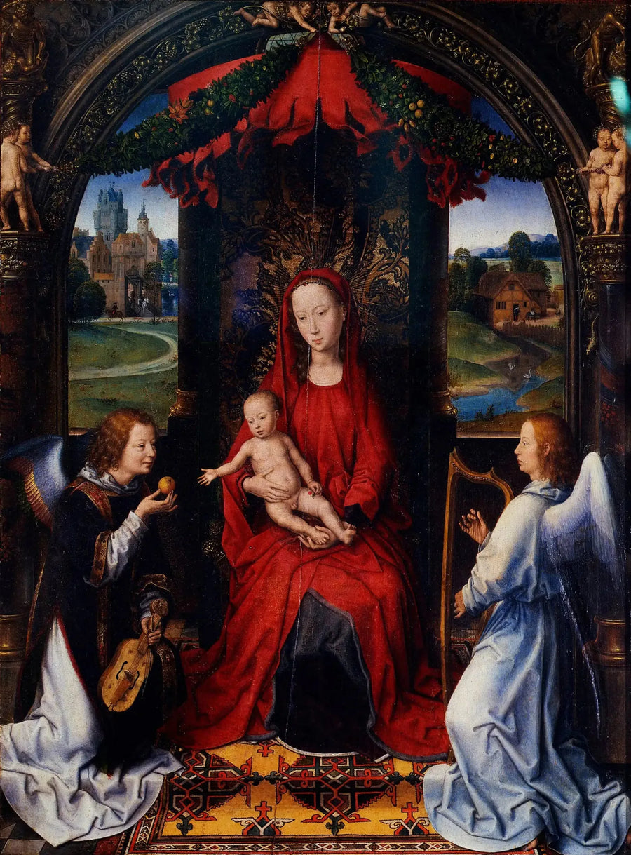 Den Madonna, der troner med barnet og to musikalske engle - Hans Memling