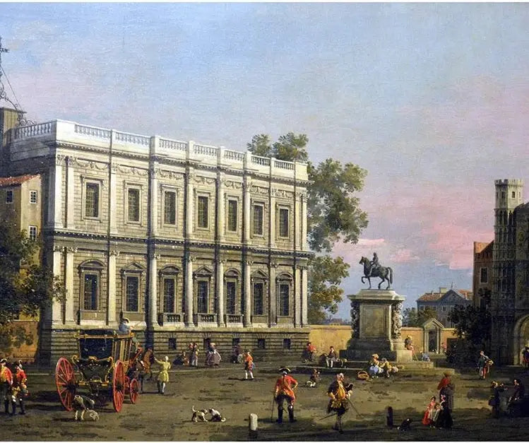 La Maison des Banquets og Porte Holbein, Whitehall, med kong Charles I's heste statue - Canaletto