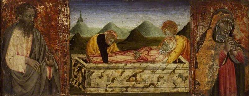 Gravlæggelsen af Jomfru Maria med Sankt Barthélemy (til venstre) og en helgeninde (til højre) - Giovanni di Paolo