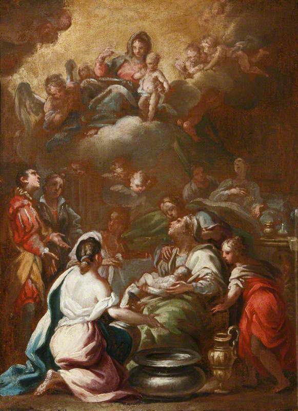 Jomfru Marias fødsel med Jomfru Maria og den herlige barn - Luca Giordano