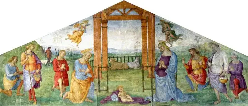 Julefødsel: Jomfru Maria, Sankt Josef og hyrderne, der tilbeder Jesusbarnet - Pietro Perugino
