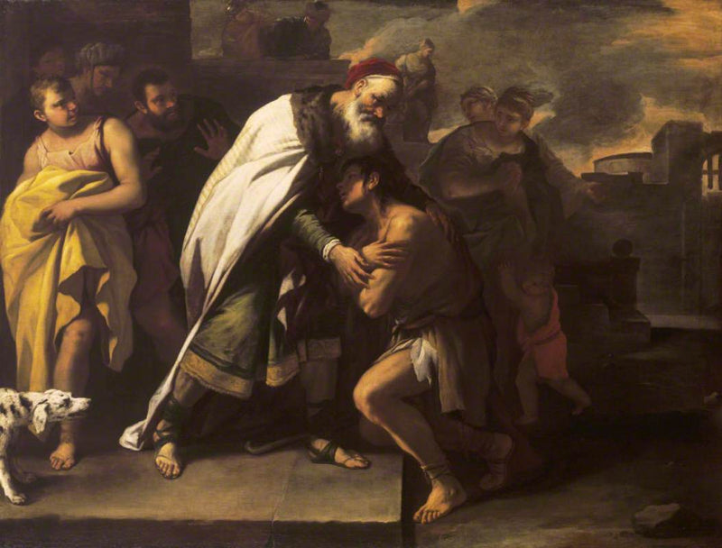 Parabelen om den fortabte søn: modtaget hjemme af sin far - Luca Giordano
