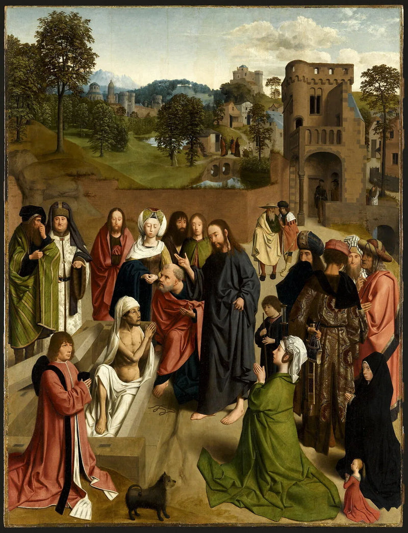 Opstandelsen af Lazare, med et par donatorer og deres datter - Geertgen tot Sint Jans