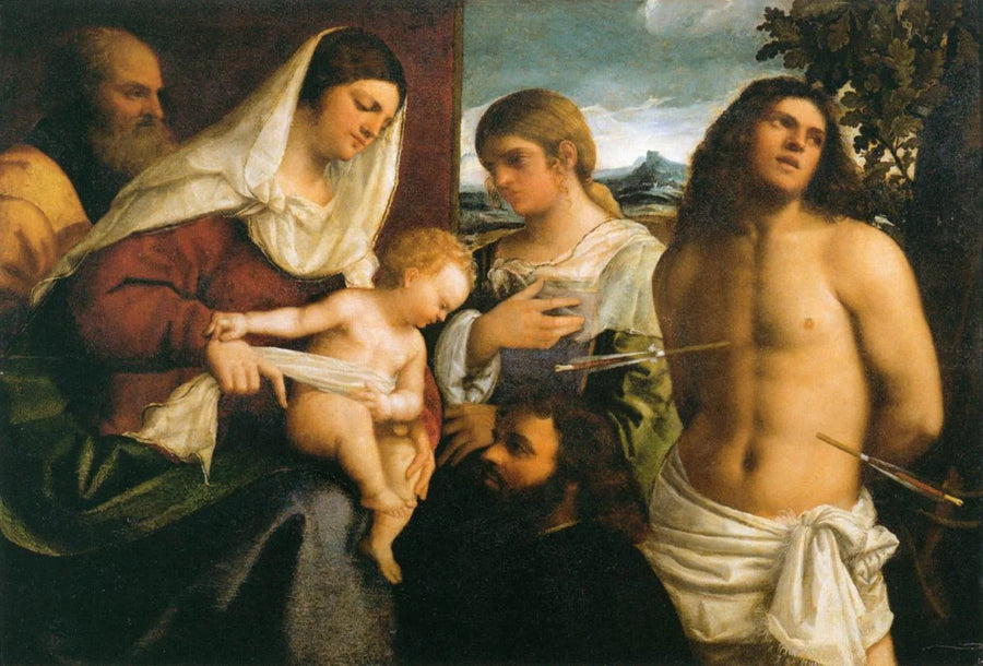 Den Hellige Familie med hellige Katarina, hellig Sebastian og en donator - Sebastiano del Piombo