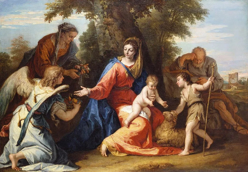 Den Hellige Familie med hellige Elisabeth, Sankt Johannes Døberen og en engel - Sebastiano Ricci