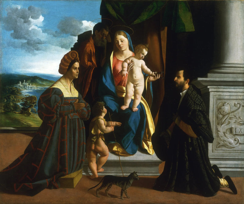 La Sainte Famille, avec le jeune saint Jean-Baptiste, un chat et deux donateurs - Dosso Dossi