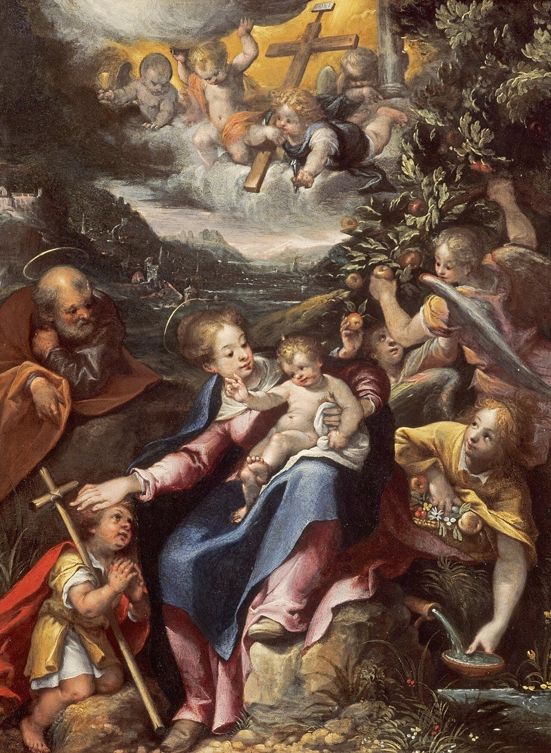 Den Hellige Familie med den lille Sankt Johannes Døberen i et landskab - Denis Calvaert