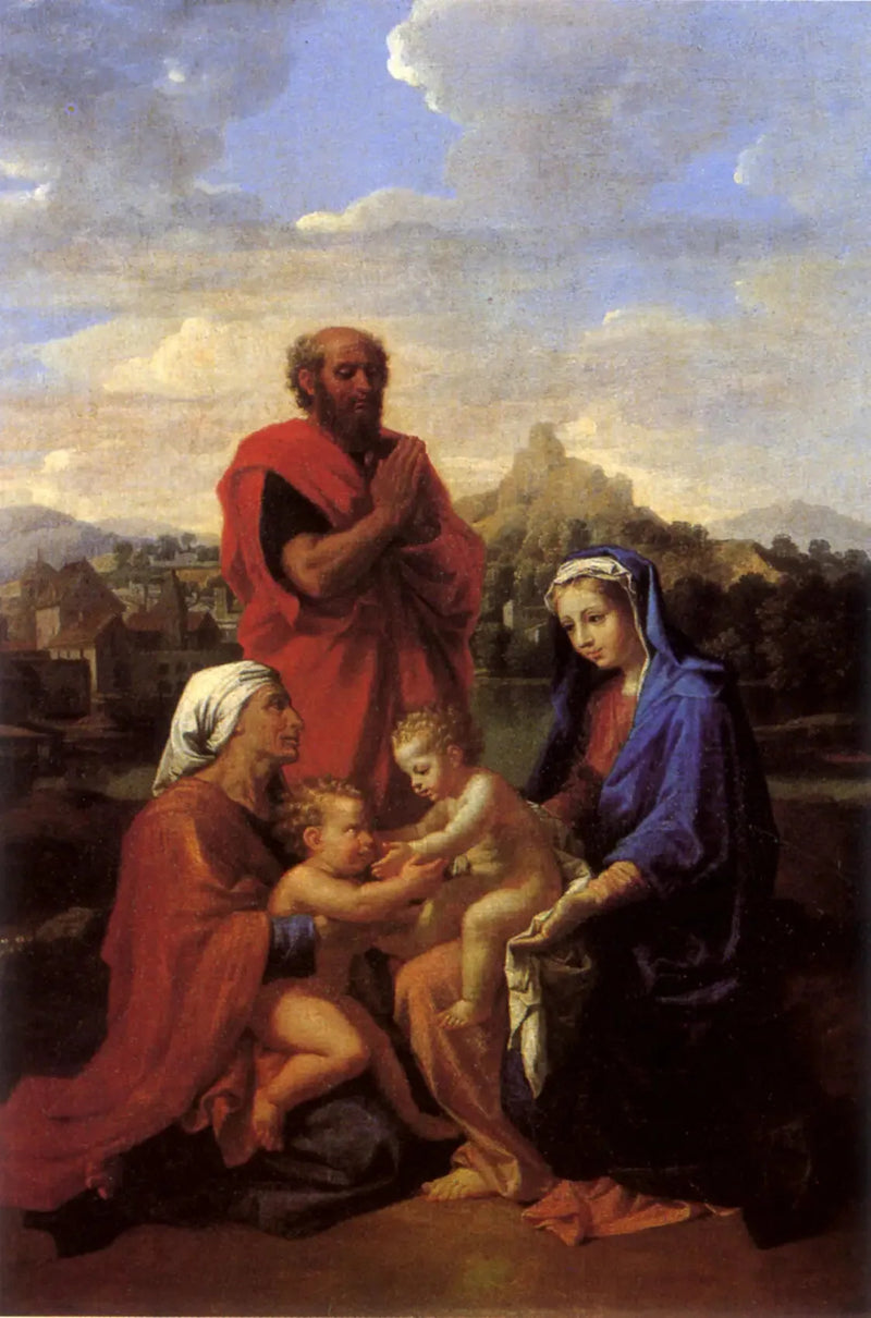 Den Hellige Familie med Sankt Johannes, Hellig Elisabeth og Sankt Josef bønfaldende - Nicolas Poussin