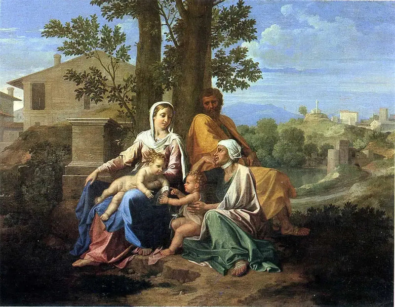 Den Hellige Familie med Sankt Johannes og Sankt Elisabeth i et landskab - Nicolas Poussin