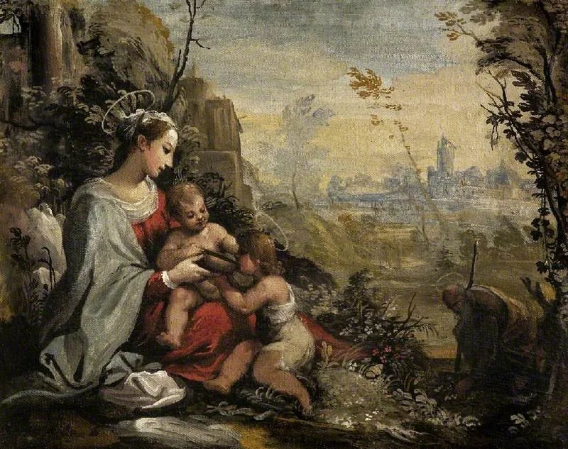 Den hellige familie på flugt møder den unge hellige Johannes - Guercino