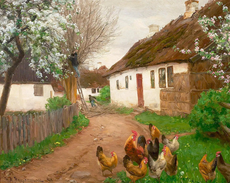 Landsbylivet en forårsdag med mennesker og træer. - H. A. Brendekilde