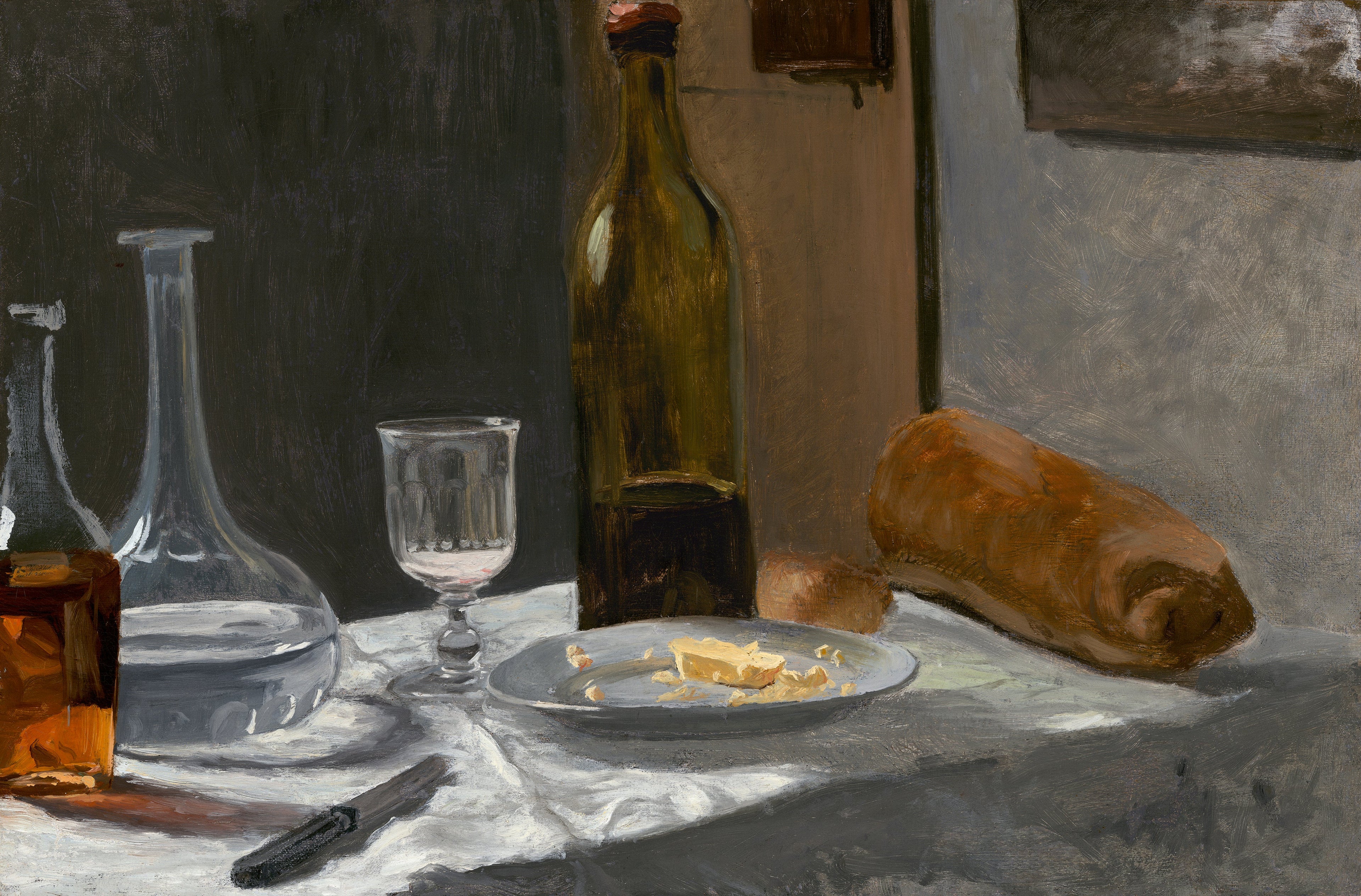 Reproduction du tableau « La vie morte avec bouteille, carafe, pain et vin - Claude Monet » par Alpha Reproduction en peinture à l’huile