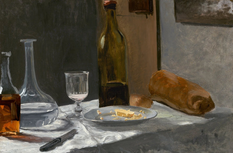 Stilleben med flaske, karaffel, brød og vin - Claude Monet